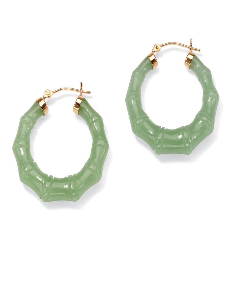 Genuine Green Jade 14k Yellow Gold Bamboo Style Hoop Earrings Green